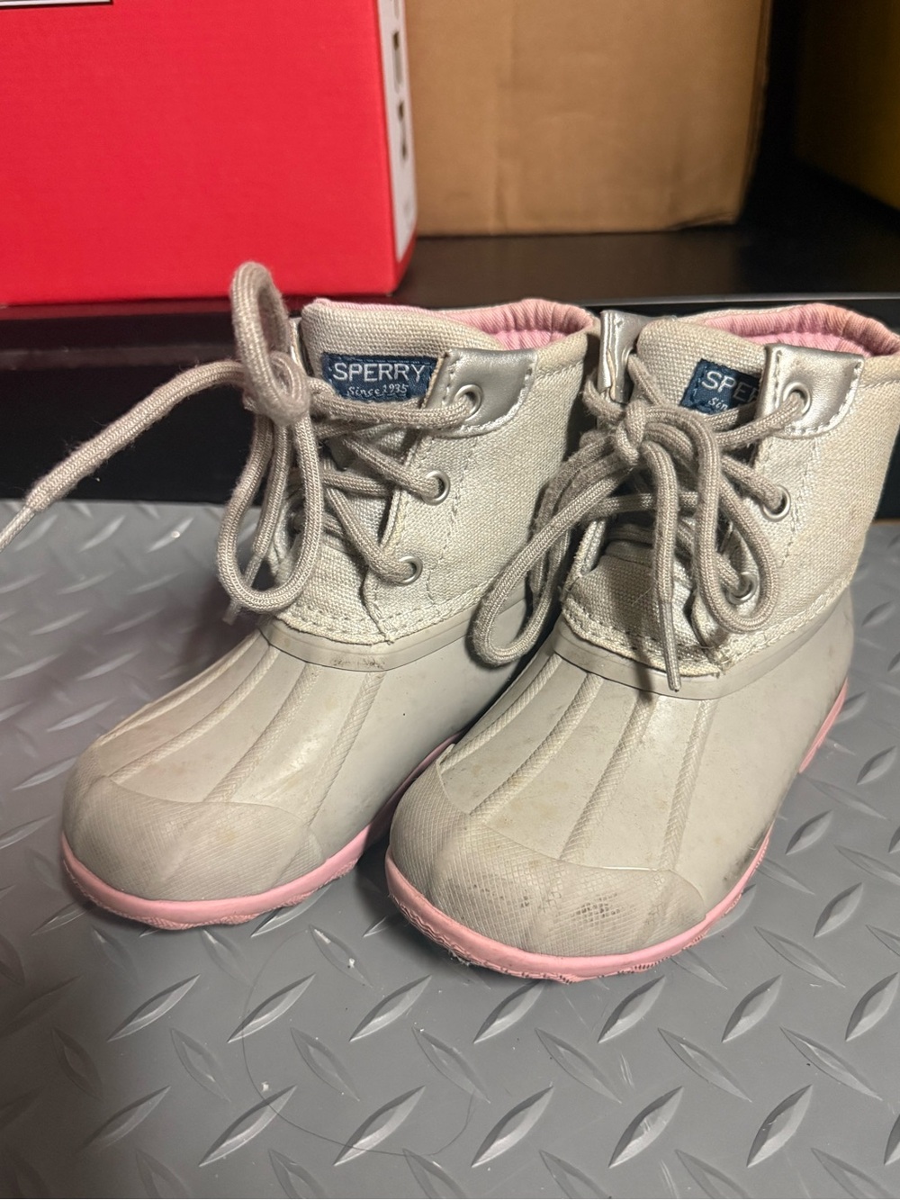 Sperry Kids Gray Waterproof Lace-Up Rain Boots with Pink Trim